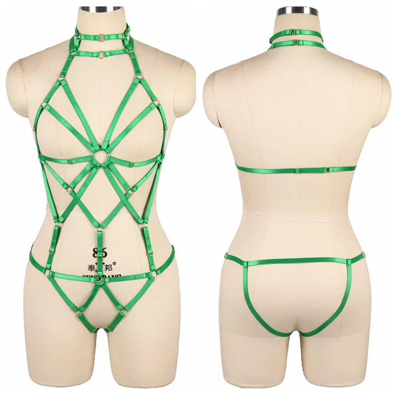 

Green Harness Bra Belts Full Body Top Punk Goth Suspender Elastic Garter Belt Bodysuit Women Hollow Out Lingerie Adjust Dance