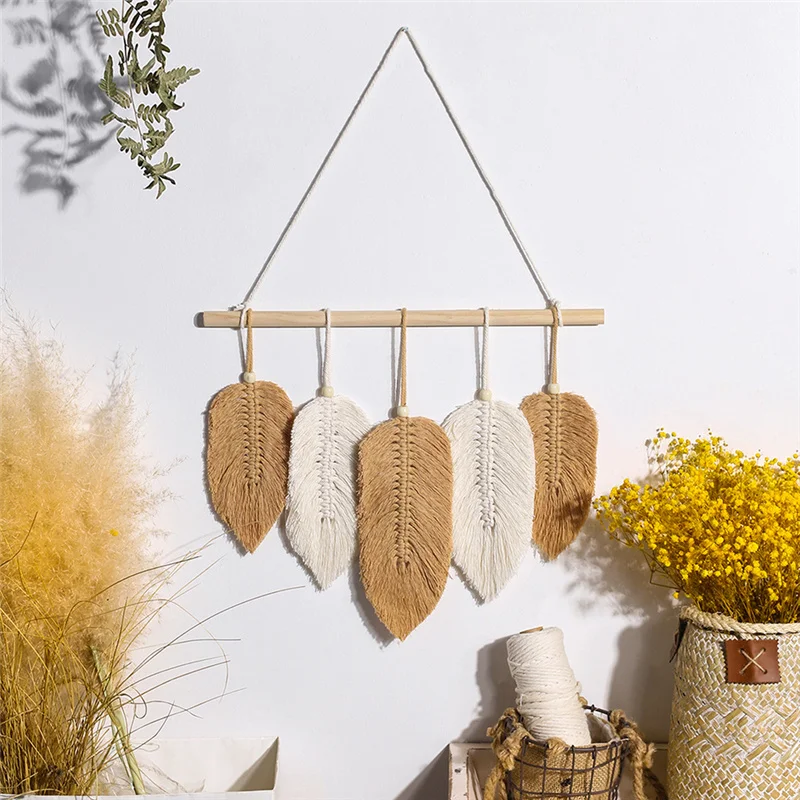 

Hand-woven Tapestry Feather Leaf Wall Hanging Macrame Tassel Hanging Wood Stick Tapestry Bohe Home Decoration