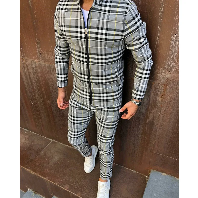 Men\'s Spring And Autumn Large Size Suit Casual Sports Fashion Joker Checkered Stand Collar Zipper Cardigan Jacket Trousers