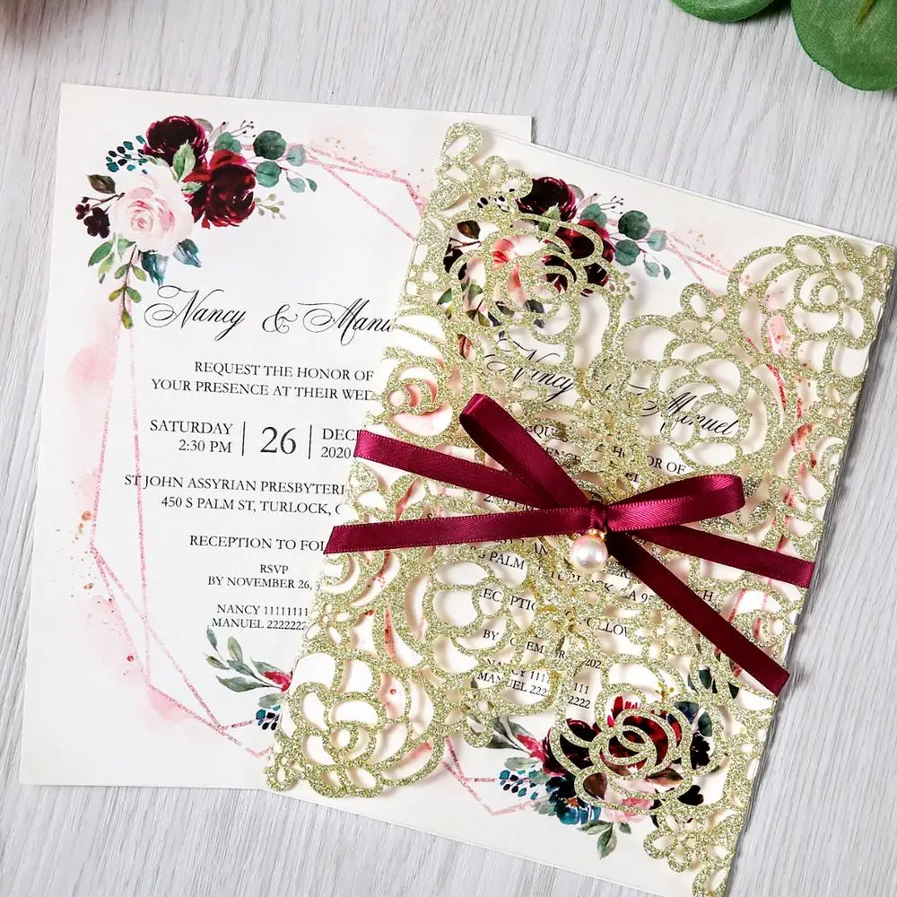

50pcs Gold Glitter Cut Floral Invitation Cards for Wedding / Party / Quinceanera / Anniversary / Birthday, CW0024