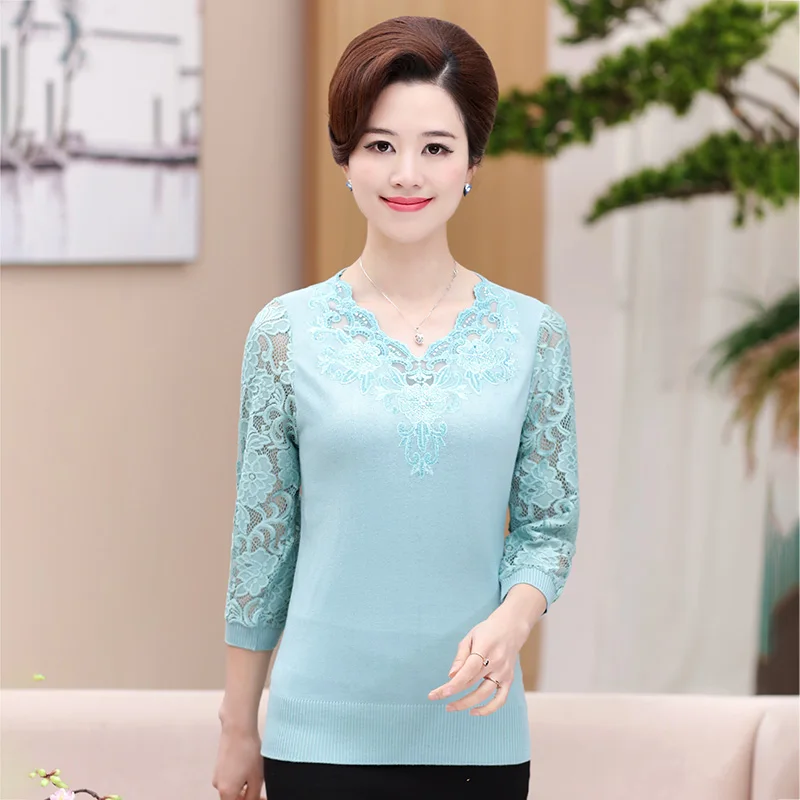 Women Embroidery Blouse Tops Summer Spring Lace Knitwear Elegant Female Floral Sweater Lace Shirts Pullovers