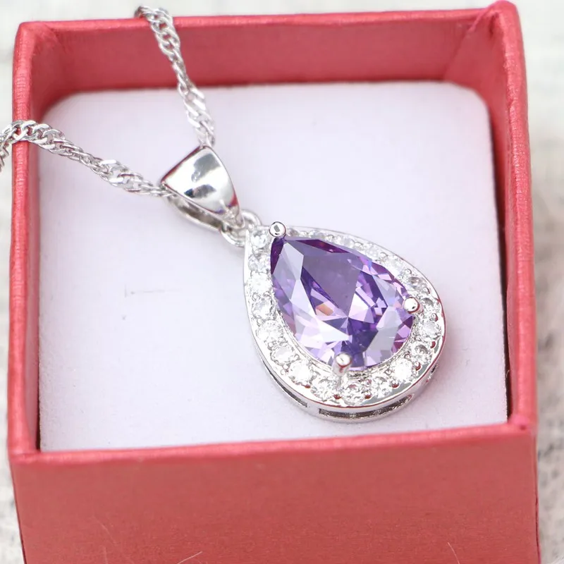 Water Drop Pendant Silver 925 Bridal Necklace Purple Cubic Zirconia for Women