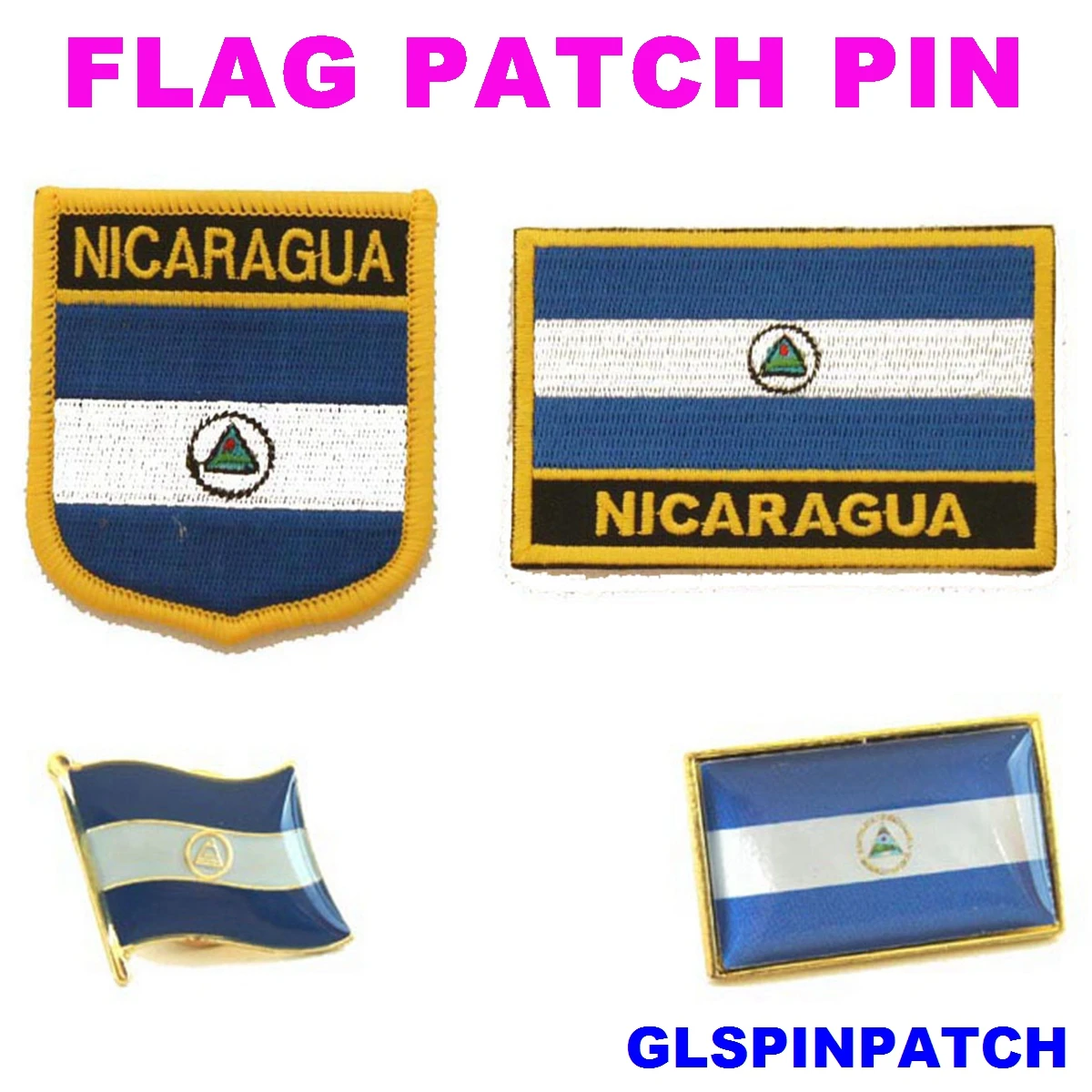 Nicaragua  FLAG Patch Rectangle Lapel Pin  iron-on embroidered applique Hook Loop Badge