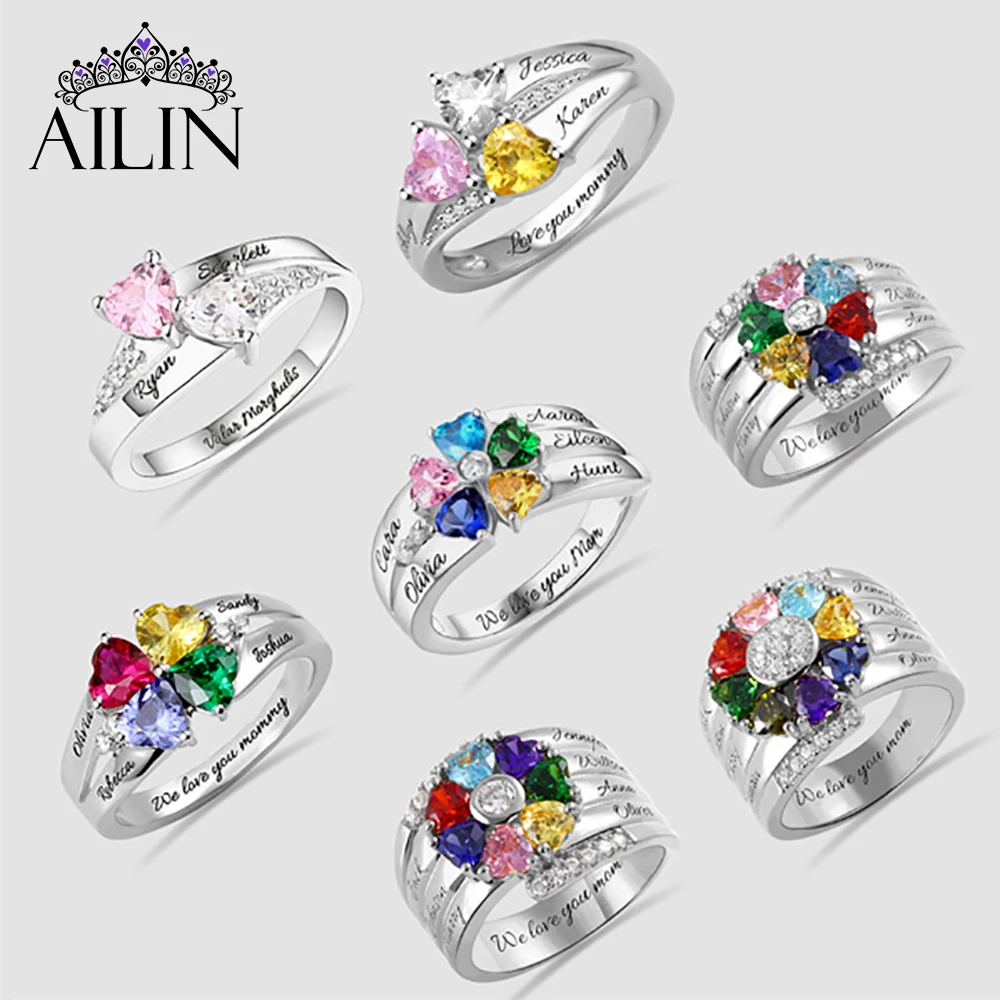 

AILIN Custom Family 1-8 Name 925 Silver Heart Birthstone Rings Women's Couple 18K Plated Engrave Wedding Ring Engagement Jewelry