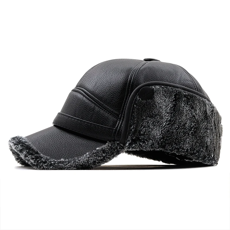 New warm Man Leather Hats Winter First Layer Cowhide Warm Earmuffs Bomber Caps Plus Velvet Thicken Male Bone Caps Dad Hat