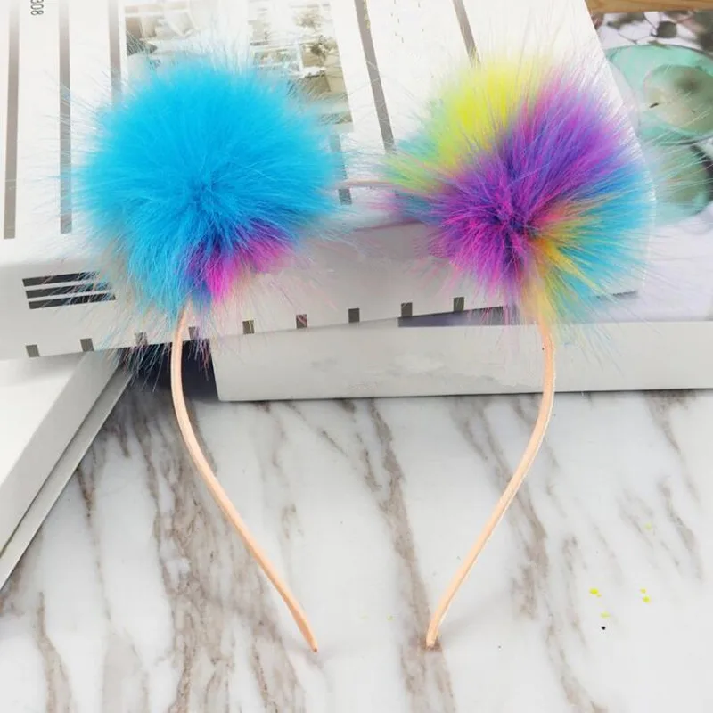 Women Girl Colorful Pompon Ball Headband Artificial Fur Balls Hairband Headwear Birthday Party Favor Hair Xmas Halloween Gift