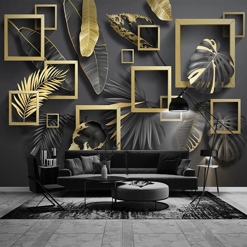 Custom Photo Wallpaper Modern Geometry Golden Leaves Tropical Plants Murals Living Room Bedroom Luxury Home Decor Papier Peint