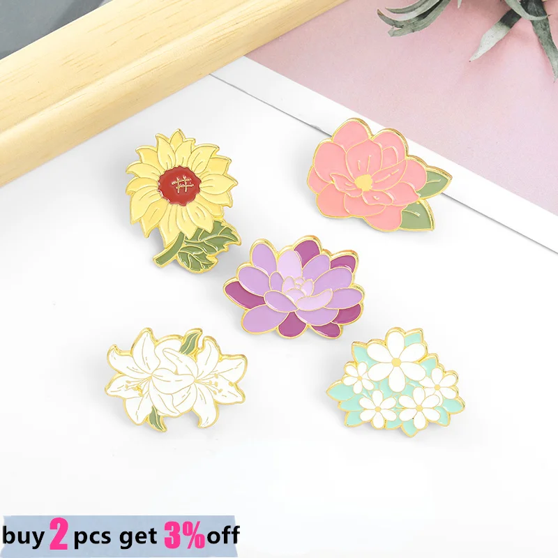 Custom Cartoon Flower Enamel Pin Peony Sunflower Lily Daisy Succulents Brooches Hat Bag Badges Jewelry Gift for Friend Wholesale