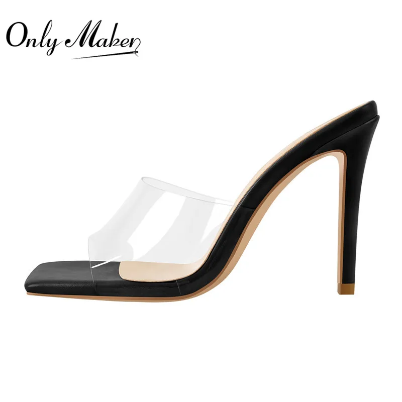 Onlymaker Square Toe PVC Mules Slip On Beige Black White Thin High Sandals High Quality Summer Sandals