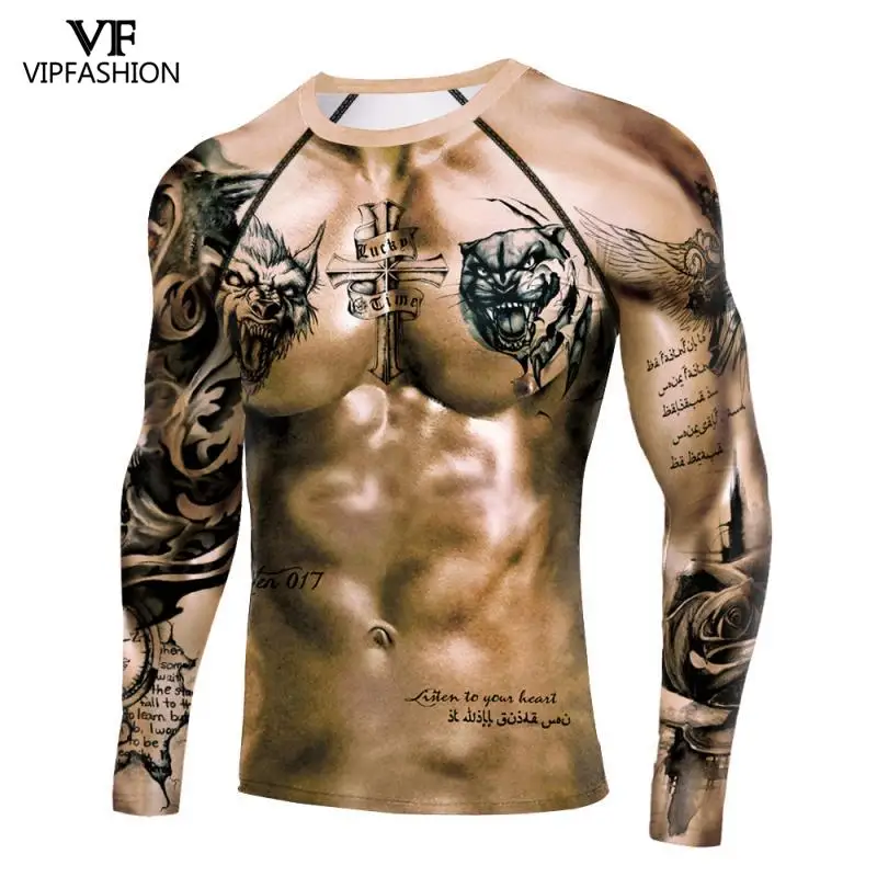 VIP FASHION-Chemise longue musculaire pour homme, t-shirt de gym imprimé en 3D, streetwear, cool, drôle, poitrine, fitness