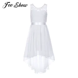 Kids Princess Hi-Lo Chiffon Swing Lace Dress First Communion Flower Girl Dress Childrens Wedding Birthday Evening Party Dress