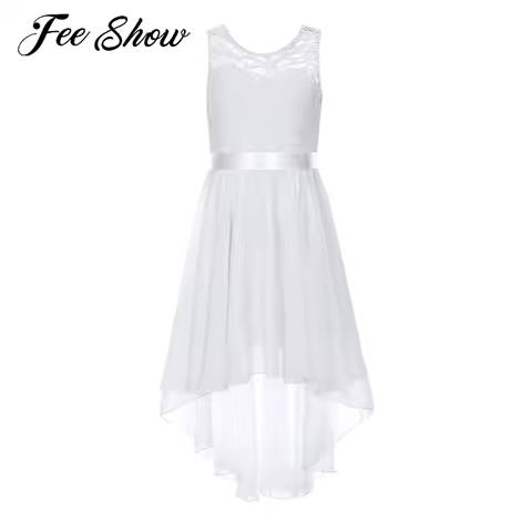 Kids Princess Hi-Lo Chiffon Swing Lace Dress First Communion Flower Girl Dress Childrens Wedding Birthday Evening Party Dress