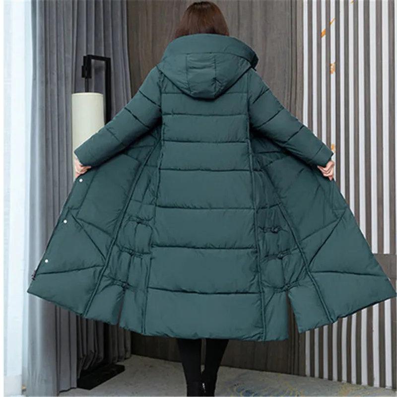 Winter Retro Cotton Wear Fashion Long Over-The-knee Jacket Thicken Coat Hooded Pocket Zipper middle-aged and elderly Women A700