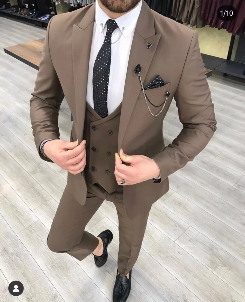 

Latest Coat Pant Design Casual Brown Men Suit Slim Fit 3 Piece Tuxedo Prom Wedding Suits Custom Groom Blazer Terno Masculino