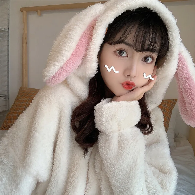 Winter Cute Flannel Pajama Set Women Kawaii Plush Sleepwear Bunny Ear Long Sleeve Fleece Warm Two Piece Sleep Home Lounge Wear