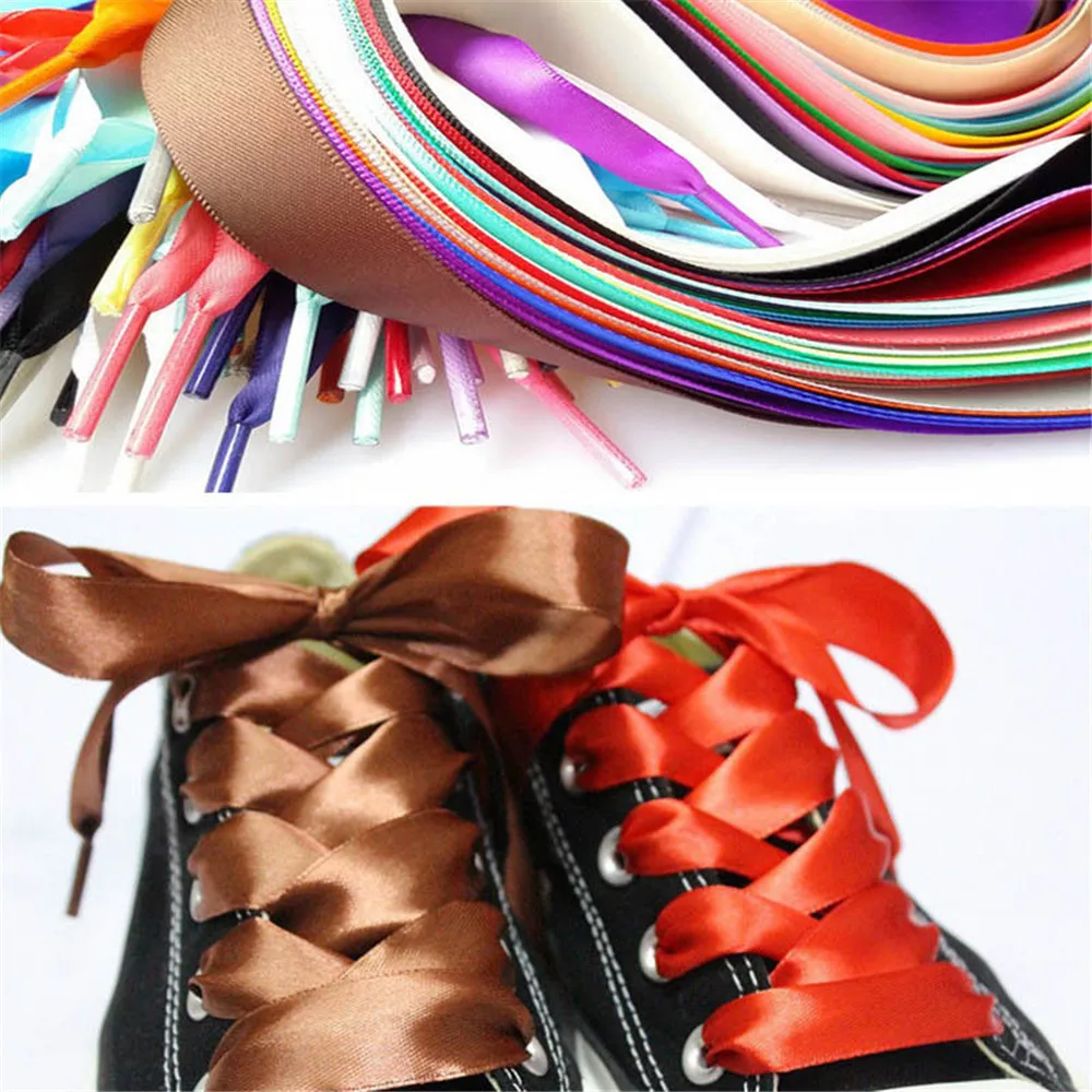 Solid Color Silk Satin Shoelaces 2 CM Width Flat Ribbon Shoe laces Boots Women Sneakers Shoelace Strings Length 120cm