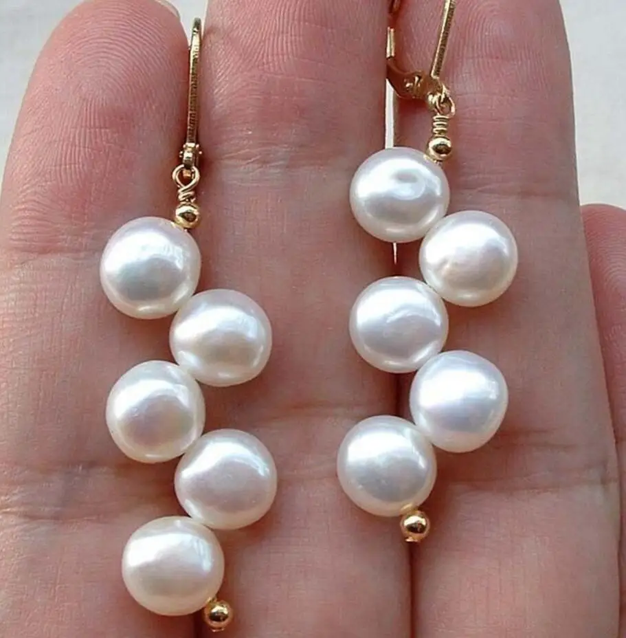 

Free shipping Beautiful Handmade White Freshwater Pearl 18kgp Leverback Earrings 2.5"