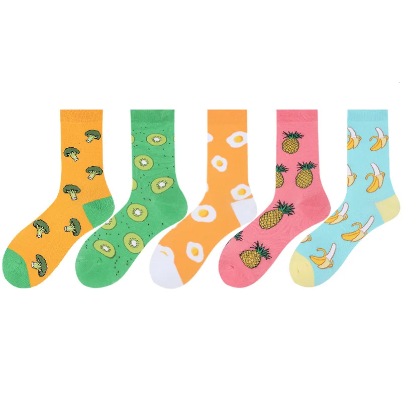 1 paire de chaussettes en coton pour hommes, chaussettes d'équipage amusantes, fruits, banane, ananas, brocoli, nouveauté, cadeau pour automne et hiver