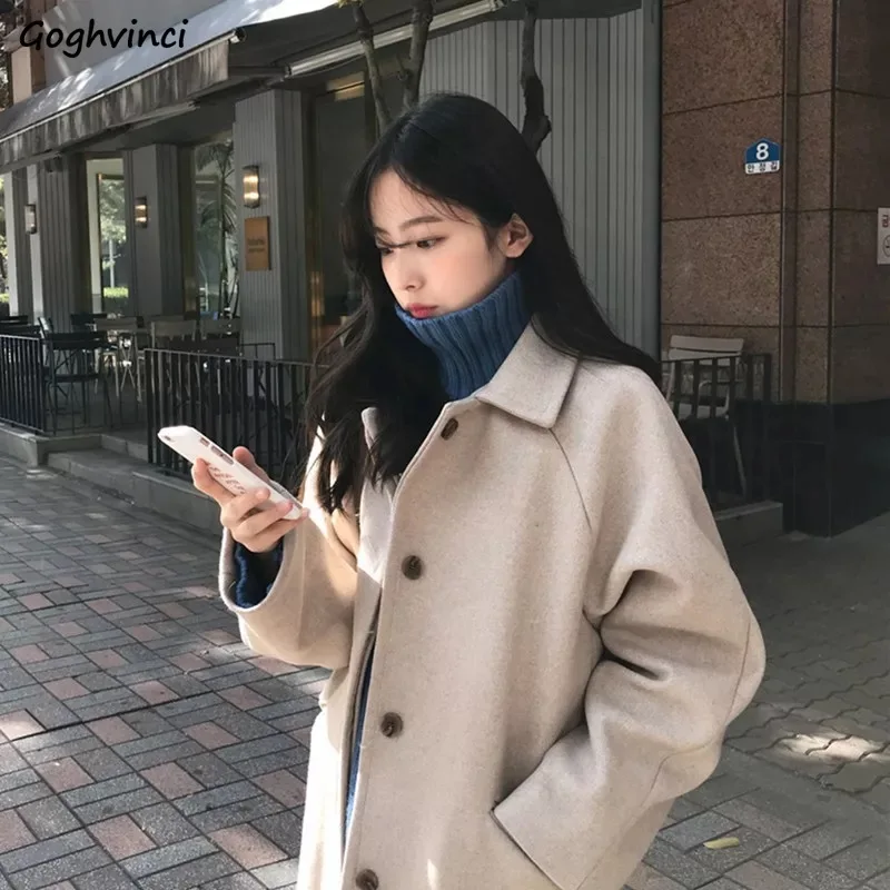 

Wool Women Solid Autumn Winter Long Coat Vintage Thicker High Quality Office Ladies Elegant Streetwear Korean Ulzzang Harajuku