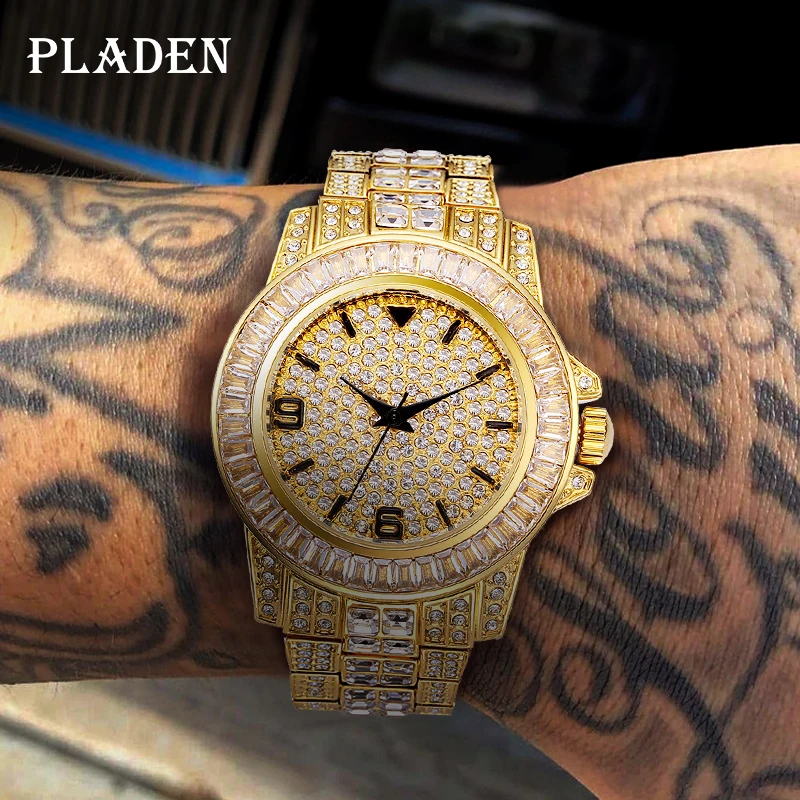 PLADEN-Reloj de pulsera para hombre, cronógrafo de lujo con diamantes de reloj de cuarzo dorado, diseño clásico de Hip Hop, resistente al agua, automático, con fecha