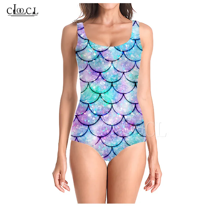 2021 Newest One-piece Swimsuit Girl Bathing Suit Fish Scale 3D Print Sleeveless Slim Sportswear Women Colorful Swimwear