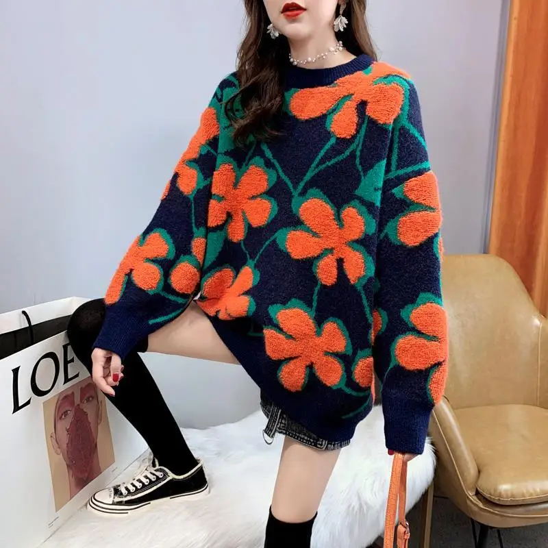 Women Pullover Sweaters 2023 Autumn Winter Tops Korean Slim Flower Women Pullover Knitted Sweater Jumper Soft Warm Pull Femme