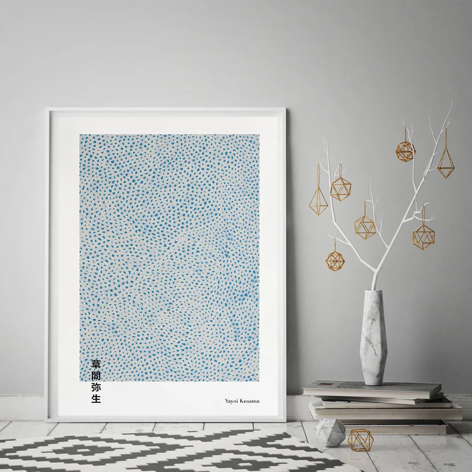 Yayoi Kusama Artwork Exhibition Posters and Prints Gallery Wall Art Pictures Light Blue Canvas Painting Living Room Home Decor