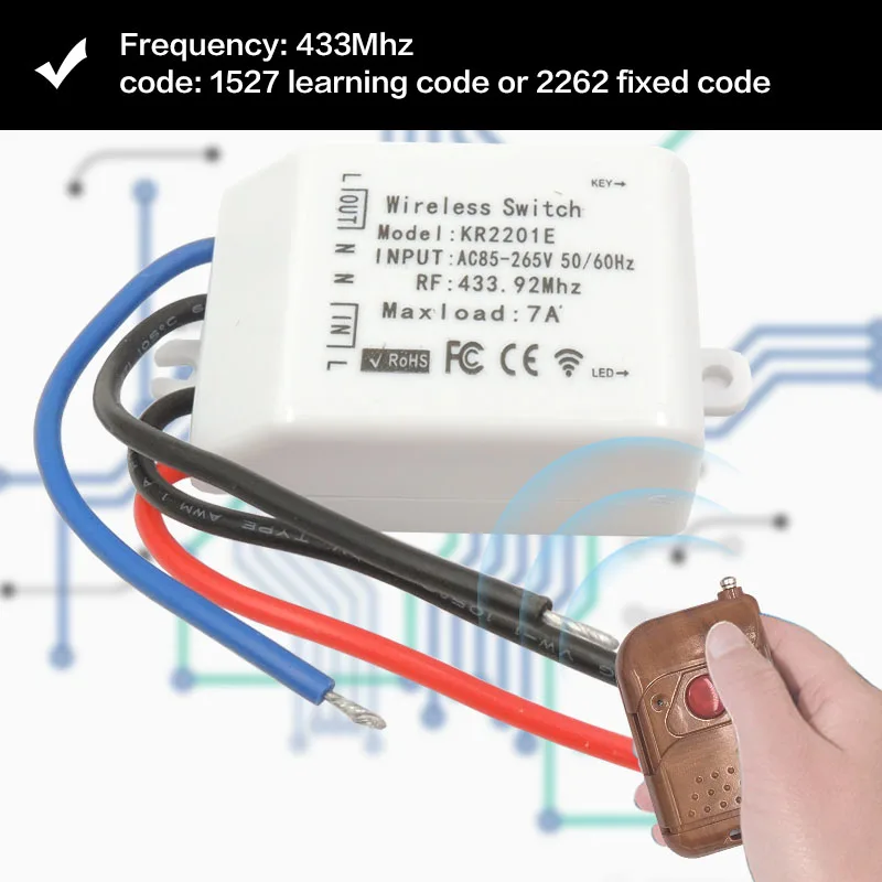 433 mhz rf التتابع LED الإضاءة التبديل العالمي لاسلكي للتحكم عن بعد التيار المتناوب 110 فولت 220 فولت 7A 1 عصابة للمصباح ونظام الأمن الباب