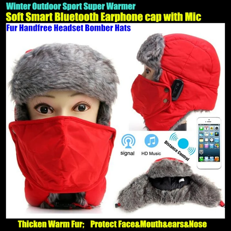 Winter Smart Bluetooth Hat Earphone Cap,Speaker Mic,Thicken Fur,Handfree Headset Bomber Hats,Warmer Face&Ear Outdoor Windproof