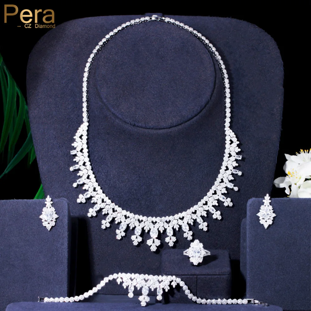 

Pera Gorgeous 4Pcs Wedding Jewelry Sets White Cubic Zirconia Pendant Choker Necklace and Earrings Ring Bracelet for Brides J491