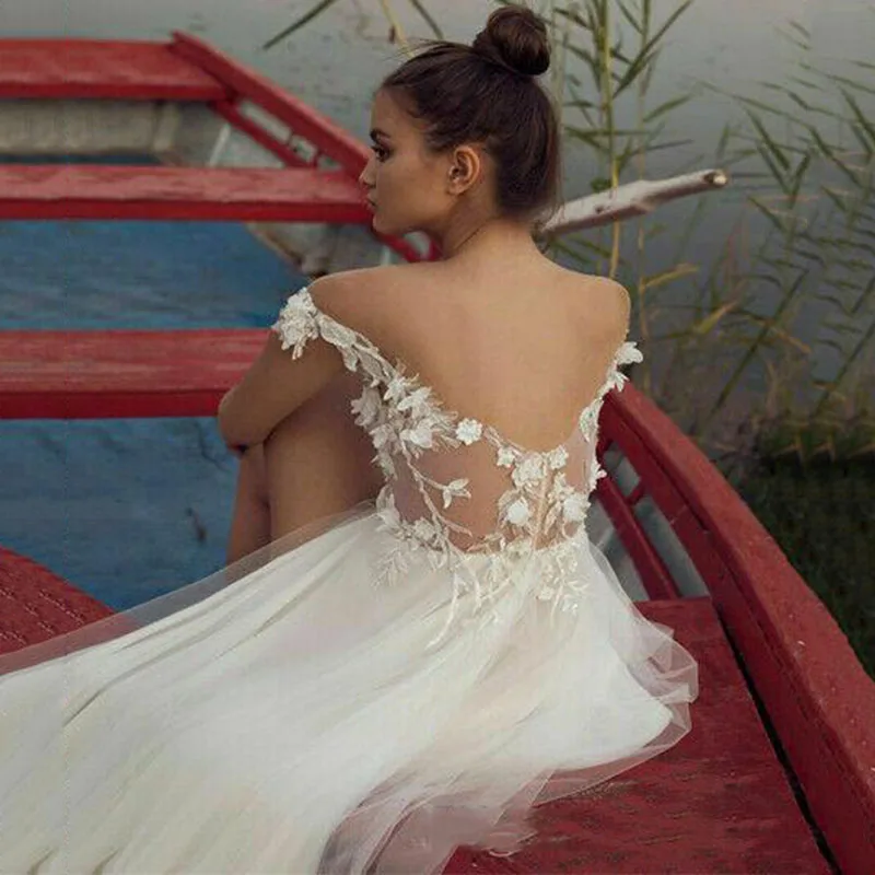 Vestidos De novia Bohemia con abertura alta, línea A, hombros descubiertos, apliques De encaje Floral 3D, Vestido De novia largo Sexy, 2021