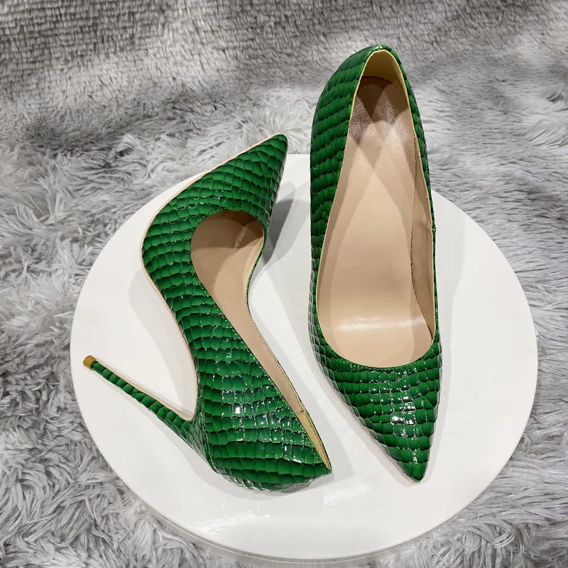 Tikicup Green Crocodile Effect Women Sexy Pointy Toe High Heel Party Dress Shoes 8cm 10cm 12cm Slip On Stilettos Pumps Plus Size