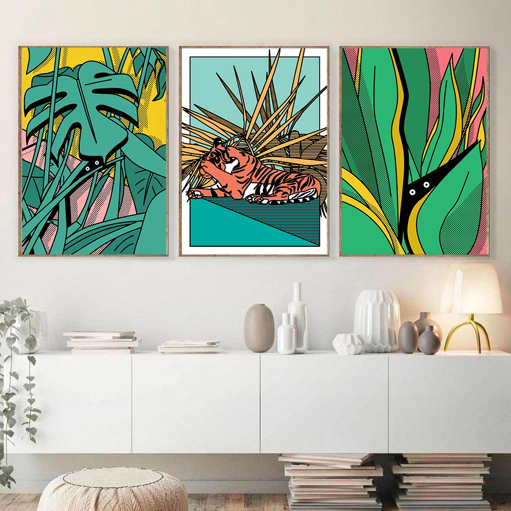 Tiger In The Jungle Green Plant Poster and Print Tropical Monster Animal Eye Shadow Wall Art Canvas Painting Picture Home Decor