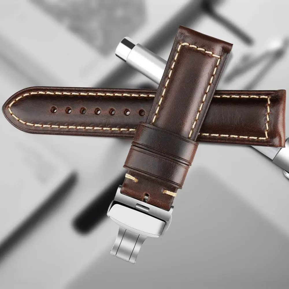 Maikes Handmade Genuine Leather Watchbands 18mm 20mm 22mm 24mm Universal Butterfly Buckle Watch Strap Brown Men Smart Watch Band