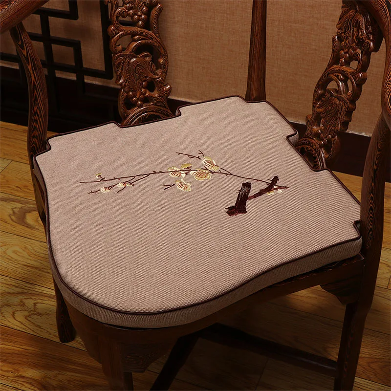 Custom Fine Embroidery Plum Blossom Gap Seat Pads Triangle Chair Cushions Anti-Slip Irregular Chinese Cotton Linen Sit Mats