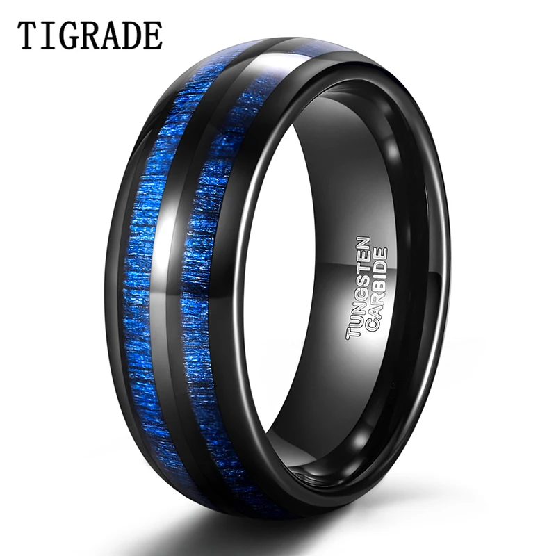 TIGRADE 8mm Mens Tungsten Wedding Rings Blue Maple Inlay Black Tungsten Carbide Ring Engagement Band Beveled Edges Comfort Fit