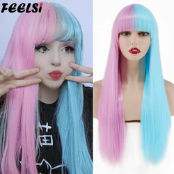 Lolita half Pink half Blue wig for Women Synthetic Wig with Bangs Heat Resistant Cosplay Wigs Halloween Wig