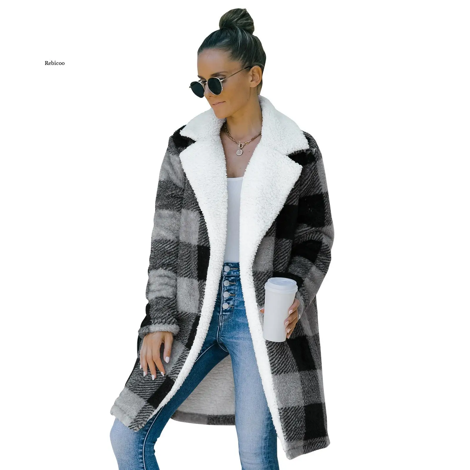 

Cashmere Trench Jacket Women Casual Lapel Black Gray Plaid Coat Long Thickness Warm Jackets New Autumn Winter