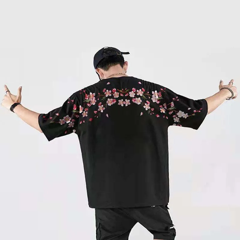 Summer Korean Version Of The Hong Kong Style Ins Short-sleeved Men's Loose Wild Round Neck Japanese National Tide Embroidery Mid