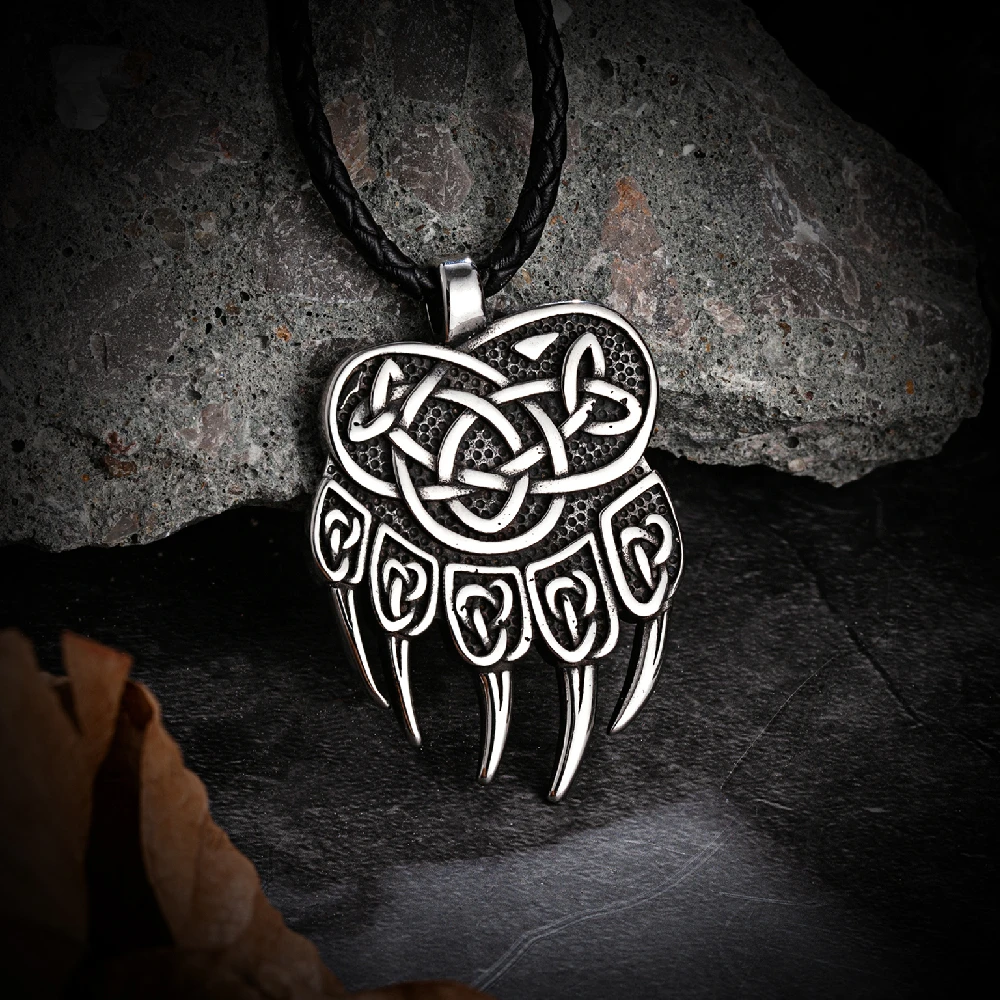 Mens Vikings Bear Claw Necklaces Stainless Steel Wolf Paw Self-defense Amulet Norse Runes Trinity Pendant Scandinavian Jewelry