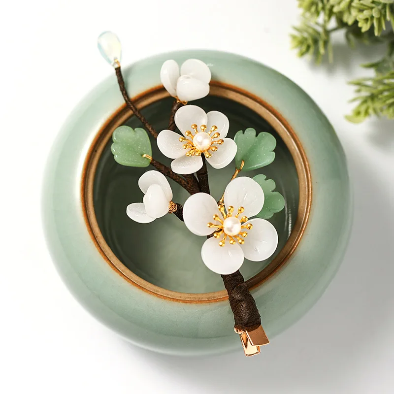 

Fresh Hairpin Han Chinese Clothing Step Shake Side Clip Imitated Jade White Flower Coiled Hair Antique Hair Jewelry LL@17