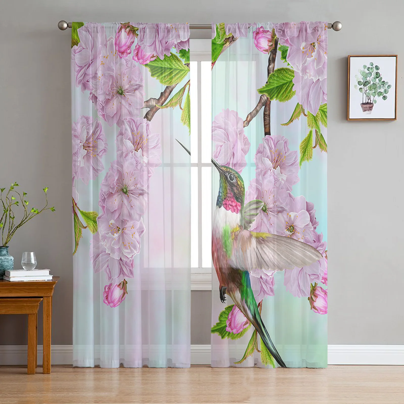 Spring Cherry Blossom Hummingbird Sheer Tulle Window Curtains For Living Room Bedroom Kitchen Veiling Curtain Home Decoration