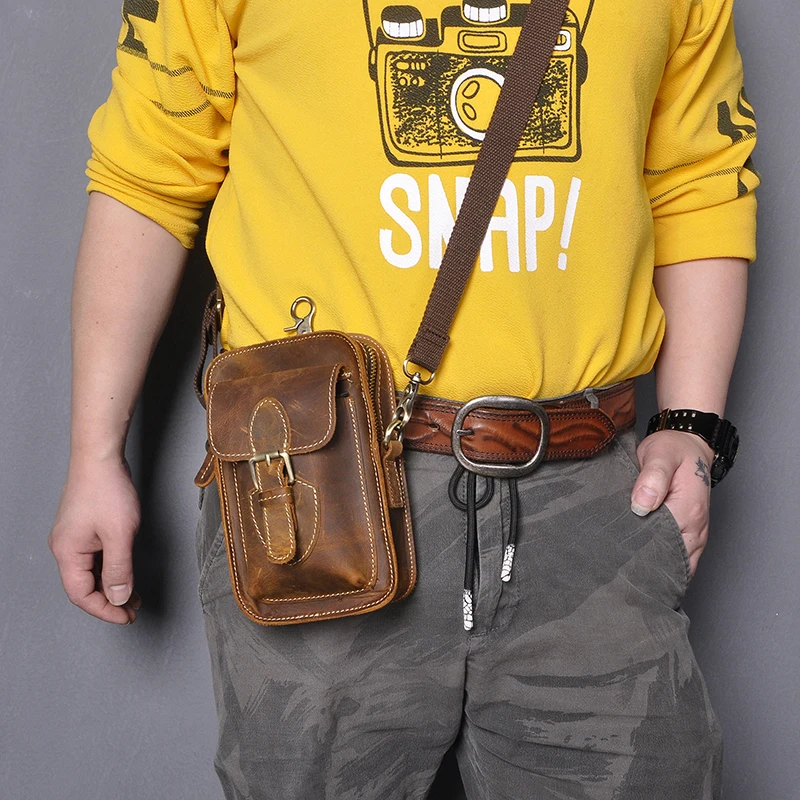 Quality Leather men Casual Design Fashion Multi-Function Hook Bum Messenger Bag Fanny Waist Belt Pack  6\