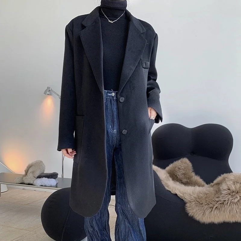 Women Designer Loose Fit Wool Long Trench Coat Single Breasted Office Ladies Woolen Blends Coats Autumn New Vintage Windbreaker