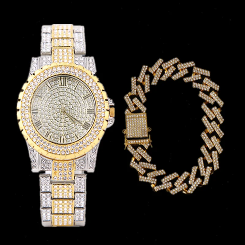 Womens Iced Out Watches Luxury Quartz Wrist Watch with Bracelet Micropave CZ Cuban Chain Hip Hop Watch for Women Men Jewelry Set