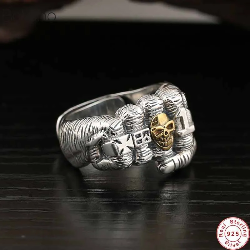 

2020 Creative Punk Fist Skull Cross Adjustable Ring 100% Real S925 Sterling Silver fine jewelry Men Statement LOVE Simple Ring