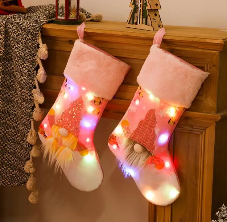 Led Light Up Christmas Stocking Gift Bag Christmas Tree Pendant Decorations Ornament Socks Candy Bag Home Party Decoration SN