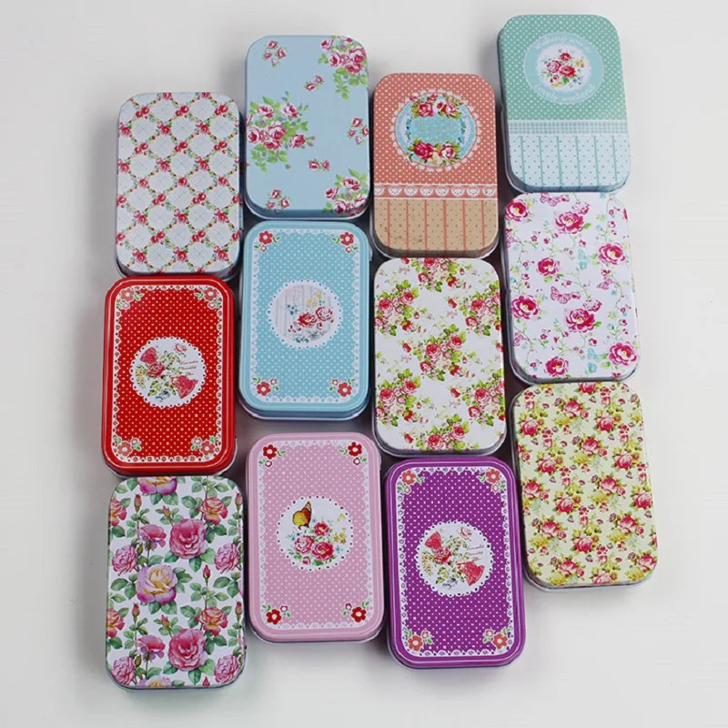 1PC Rectangular Vintage Flower Printing Mini Flip Cigarette Storage Tin Box for Jewelry Wedding Favor Metal Candy Card Case Deco