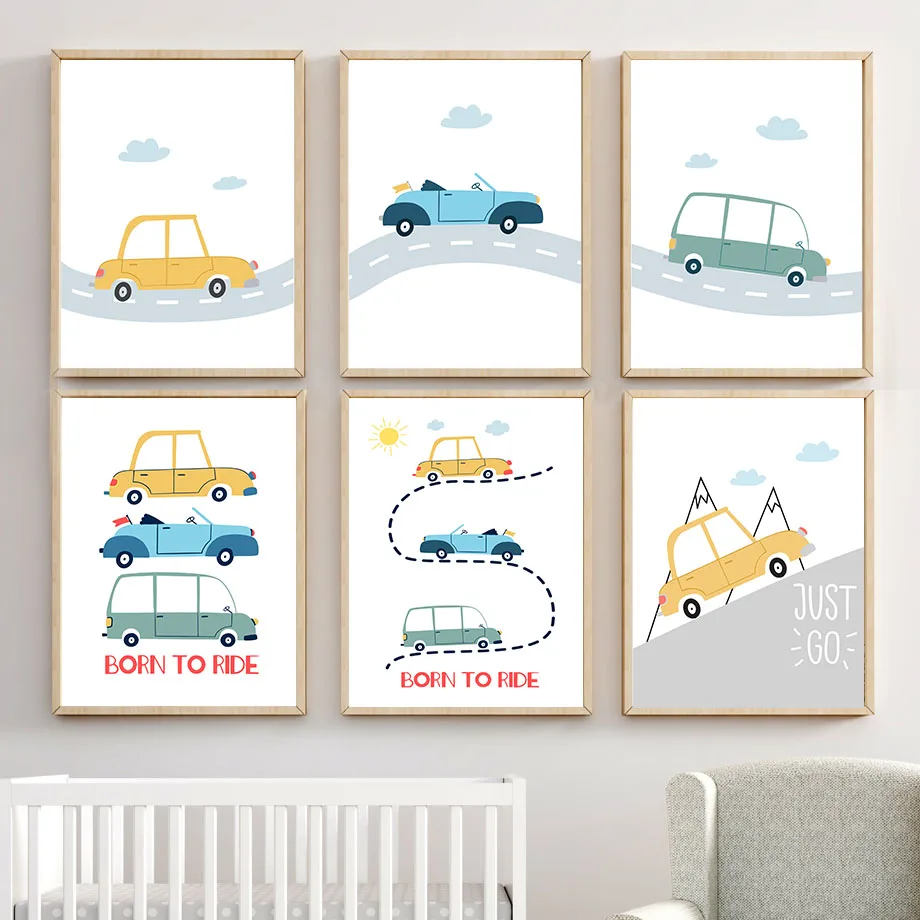 Cartoon Car Mountain Track Sun Quotes Wall Art Canvas Painting Nordic Posters And Prints Nursery Pictures Kids Room Home Decor