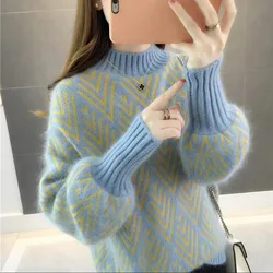 Women Knitted Sweater Fashion Loose half high collar Casual Pullover Thicken Ladies Winter Sweater Korean Style Women Jumper